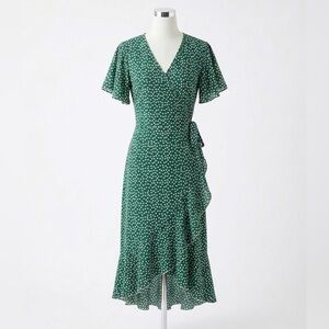 Deep Green Floral Polka Dot Summer Boho Casual Wrap Dress